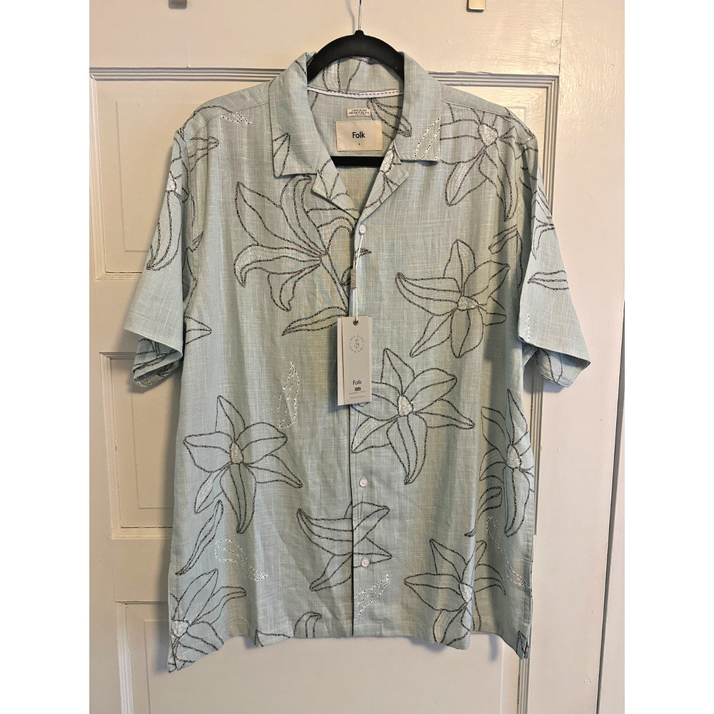 New Folk Men's Large Sage Green Embroidered Floral Short Sleeve Shirt NWT